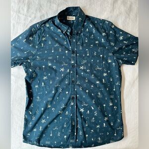 Taylor Stitch Teal Blue Short Sleeve Button-Down Shirt with White Print